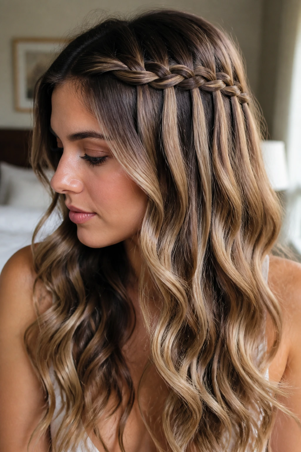 Close-up of a real woman with a waterfall braid and loose waves cascading through long hair in window light