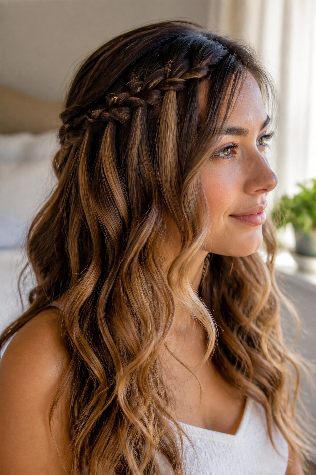 Close-up portrait of a real woman with a waterfall braid and loose waves.