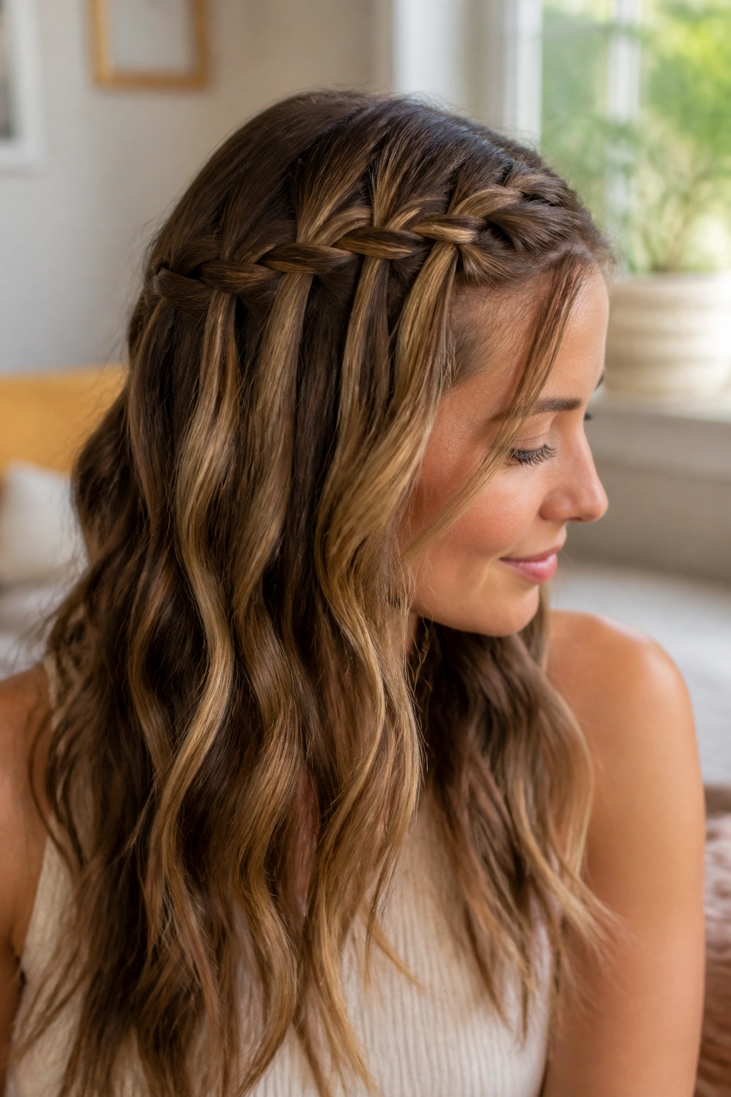 Close-up of a real woman with a waterfall side braid weaving through wavy hair