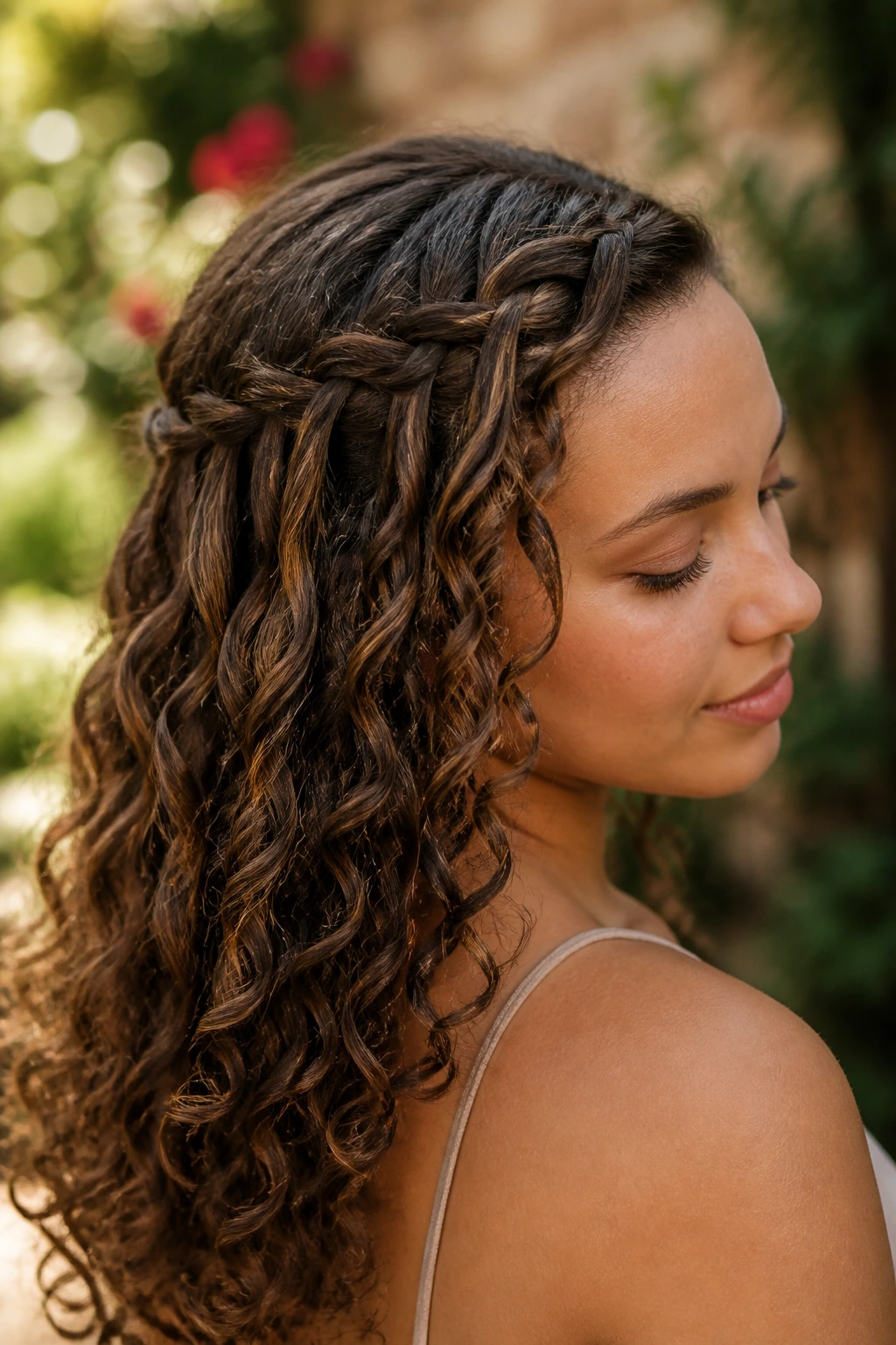 Portrait with waterfall braid over loose curls