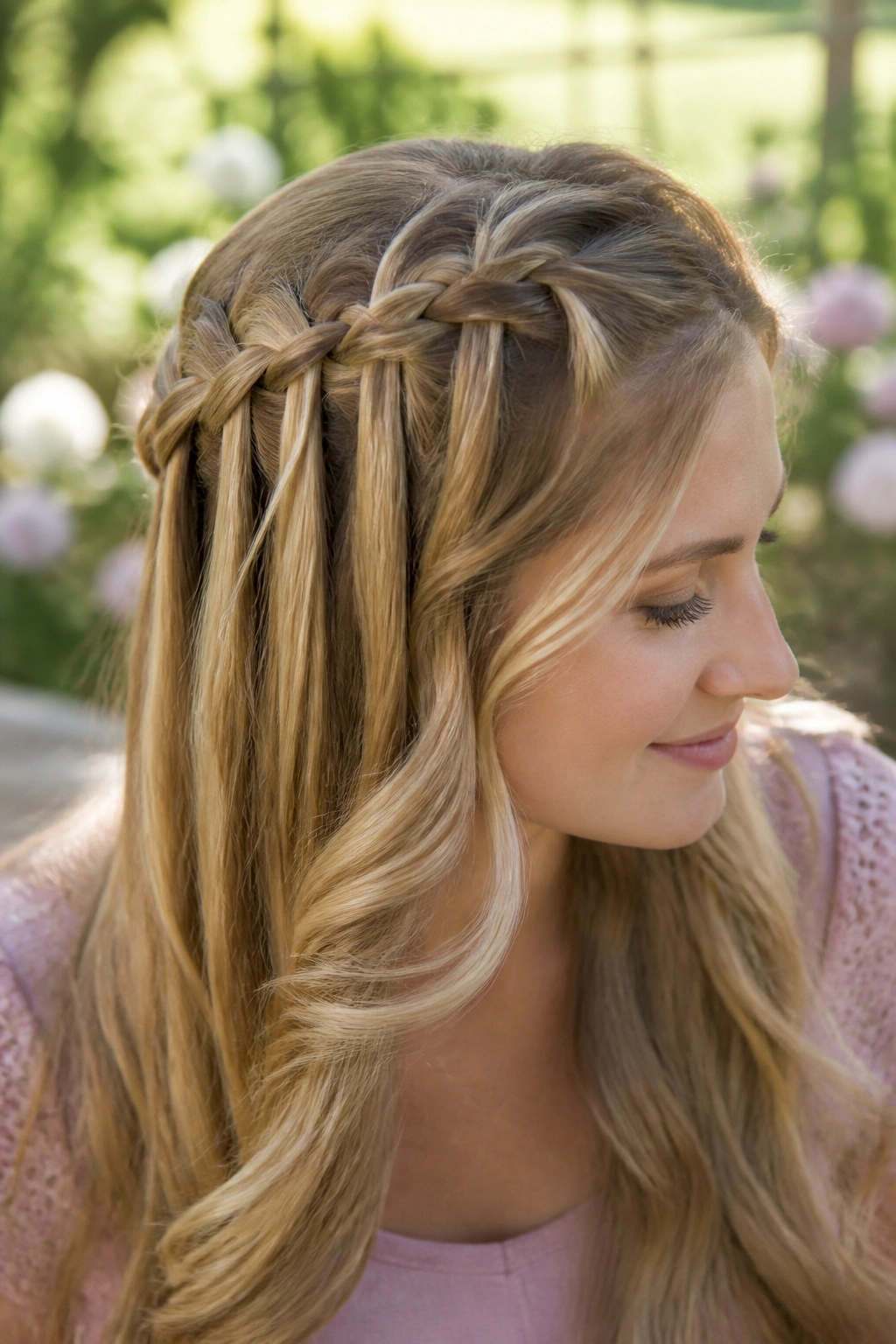 Close-up portrait of a real woman wearing a waterfall crown braid