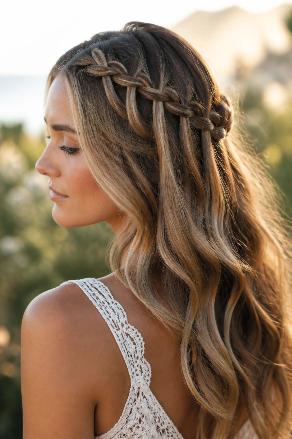 Close-up of a woman wearing a waterfall crown half-up with soft waves