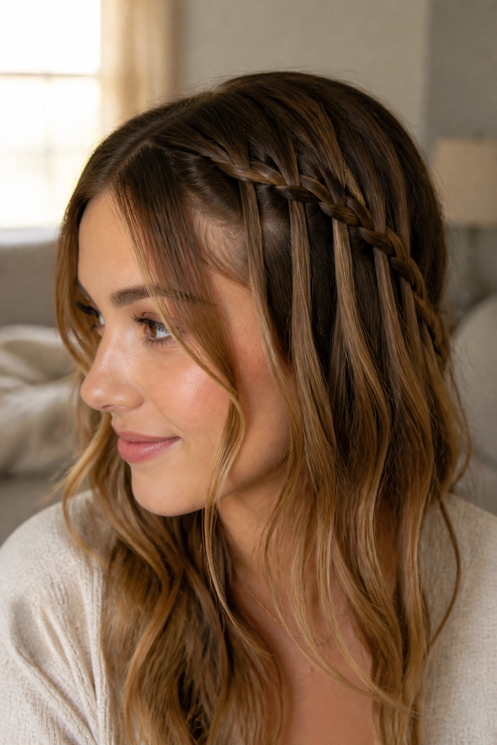 Close-up portrait of a real woman with Waterfall Braid and face-framing pieces