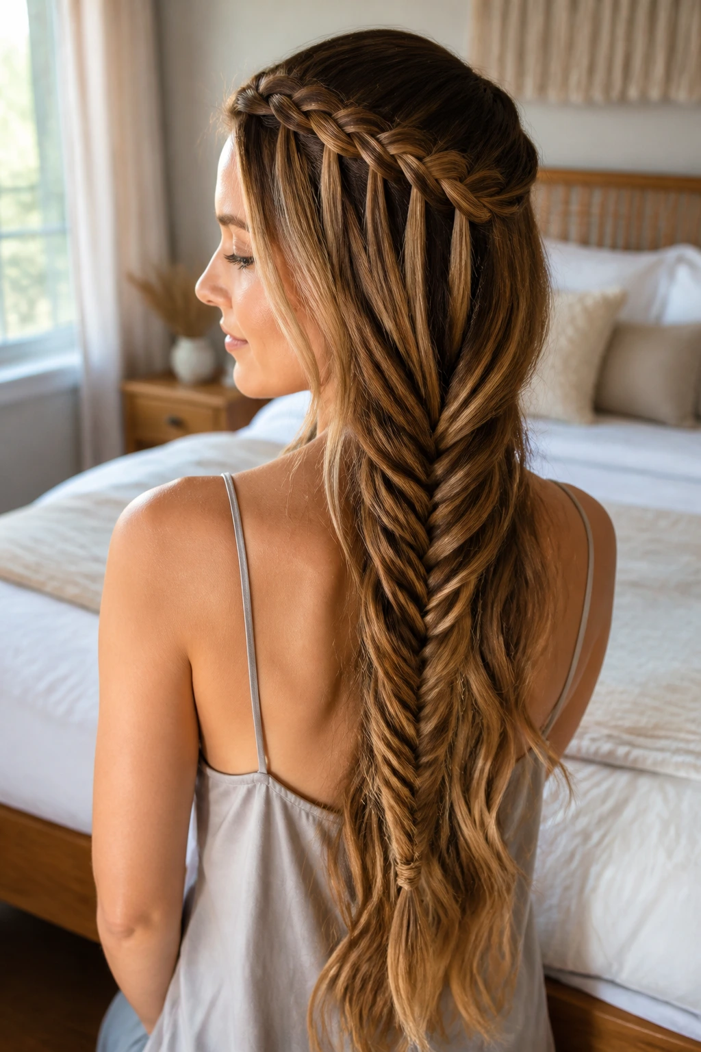 Medium close-up of a real woman with a waterfall accent braided into fishtail length.