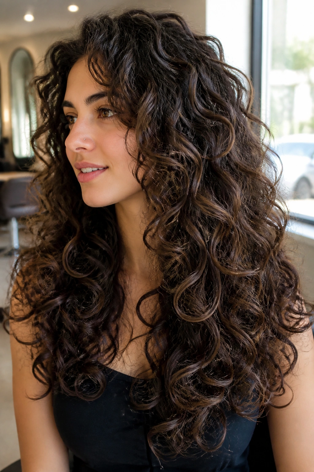 Three-quarter view of real person with waterfall layers in thick curly hair