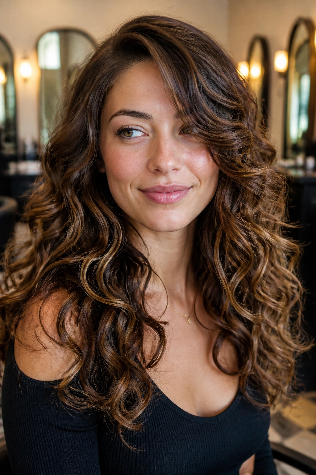 Real woman with side-parted waterfall layers framing face