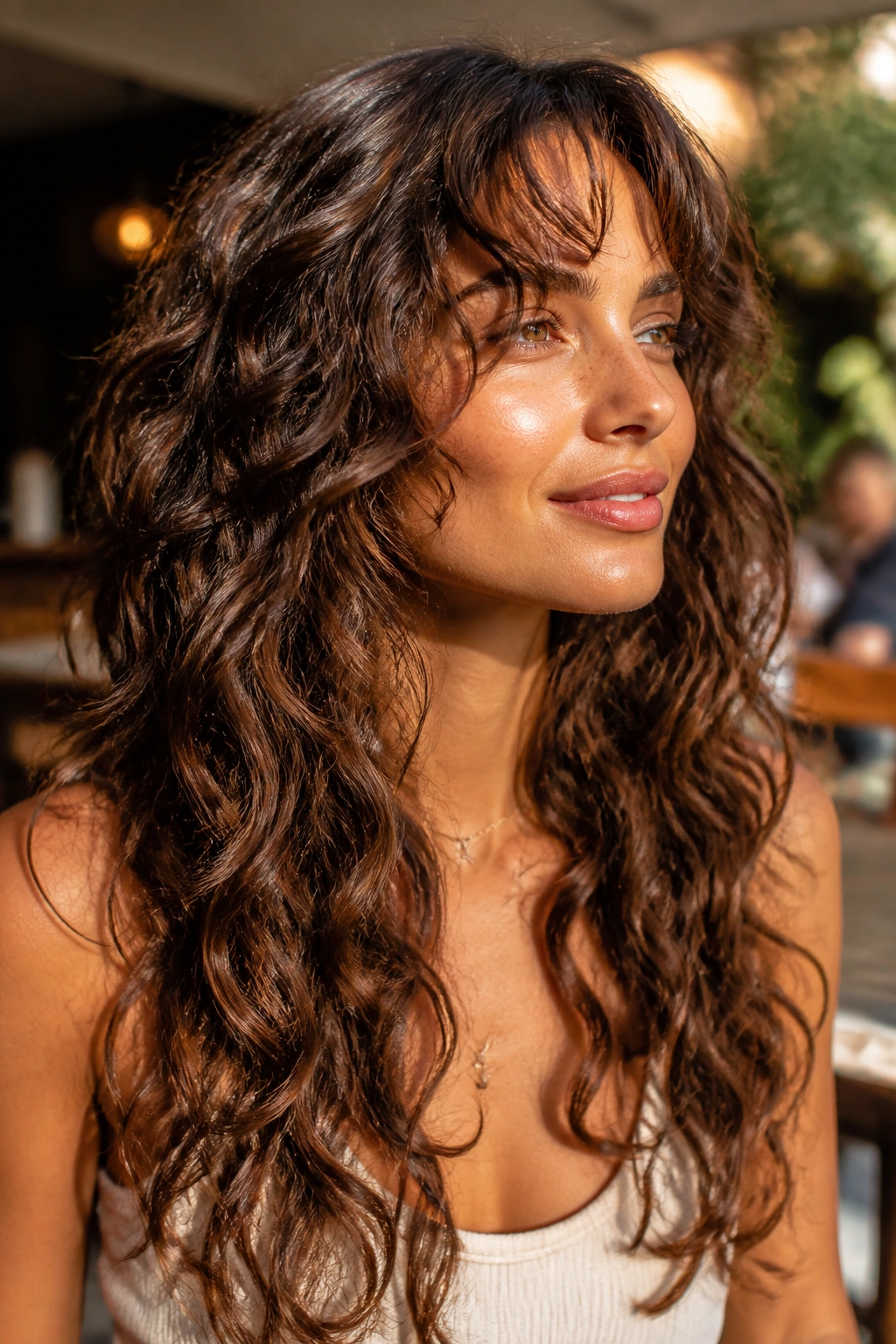 Real person with waterfall curling layers cascading like ribbons
