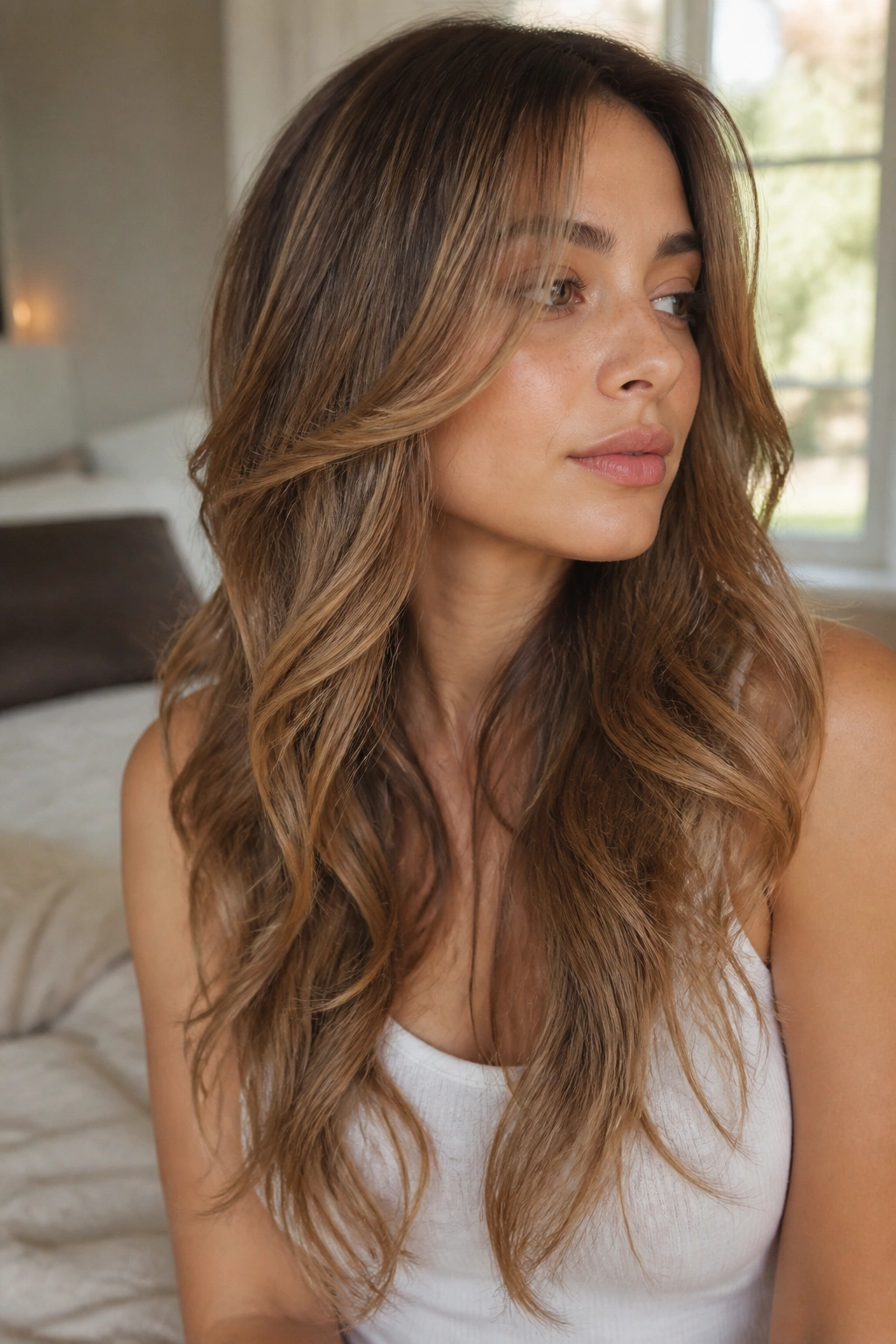 Close-up portrait of a real woman with long wavy hair showing waterfall layers in sections