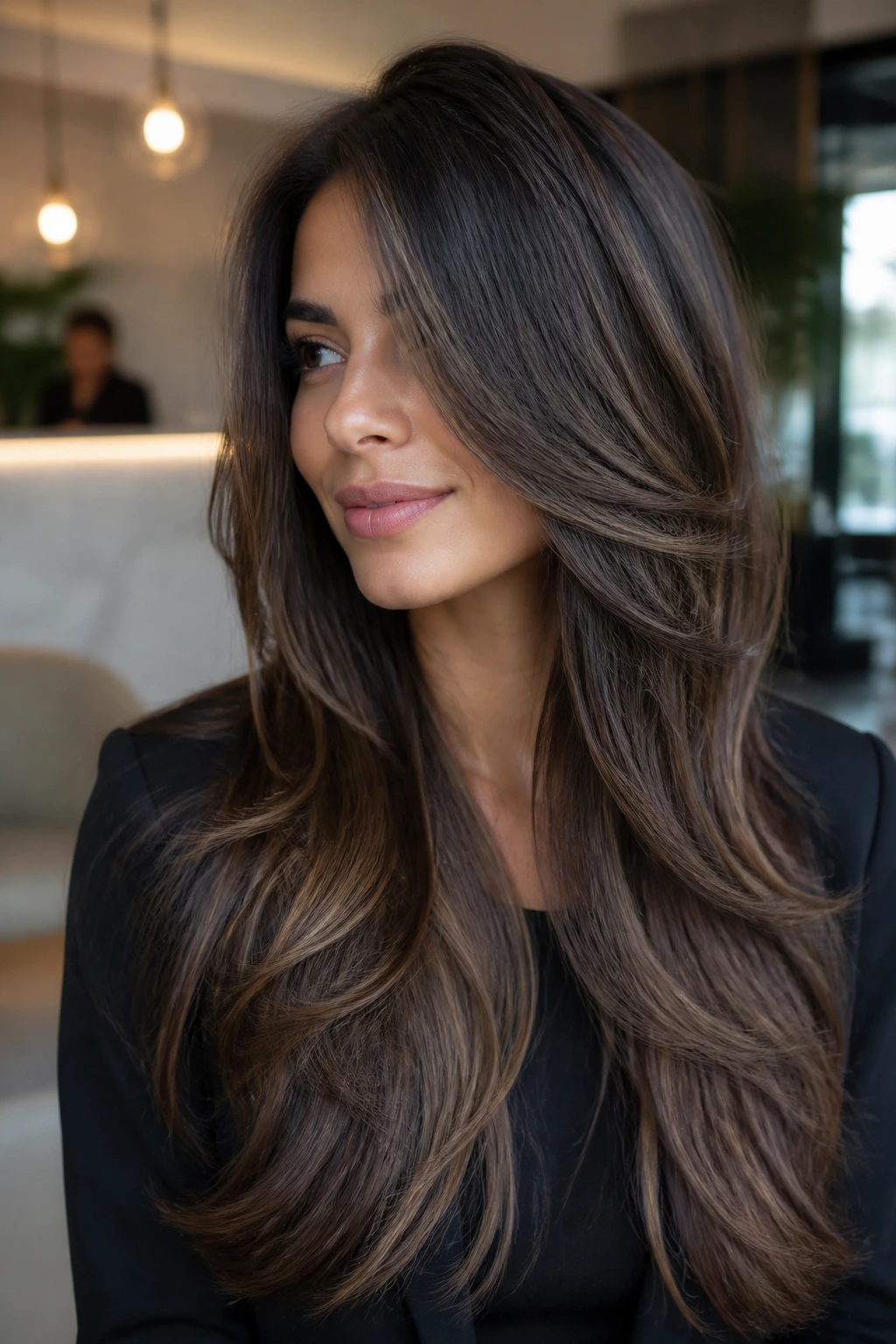Long hair with waterfall layers cascading down the length on a real person