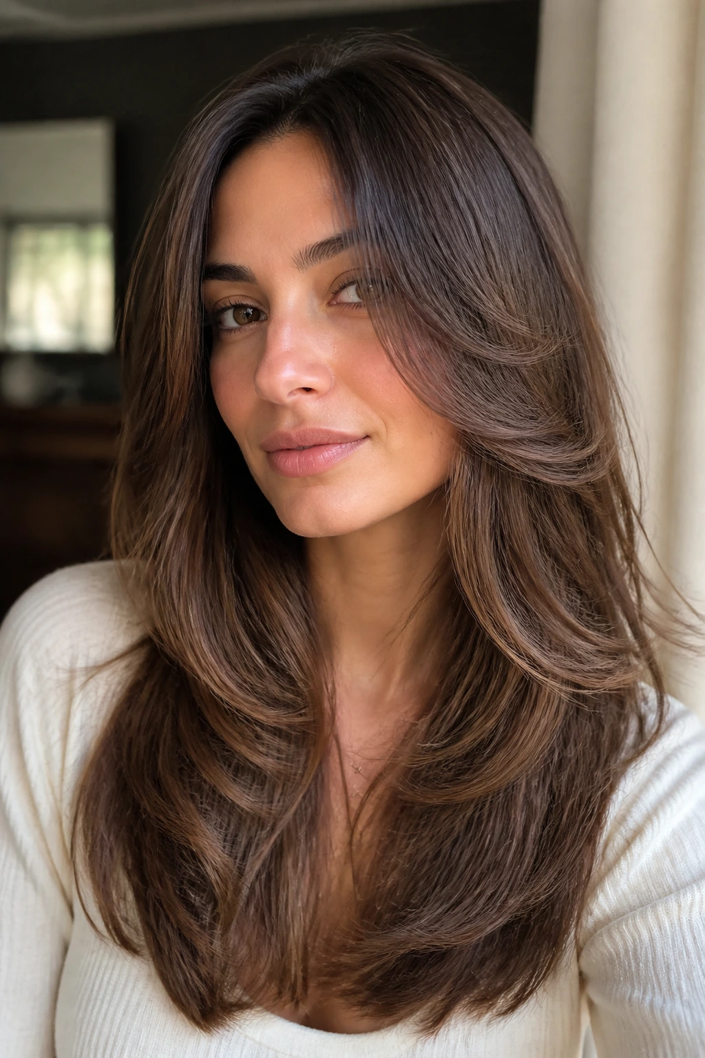 Close-up of a real woman with waterfall layers flowing from cheekbones