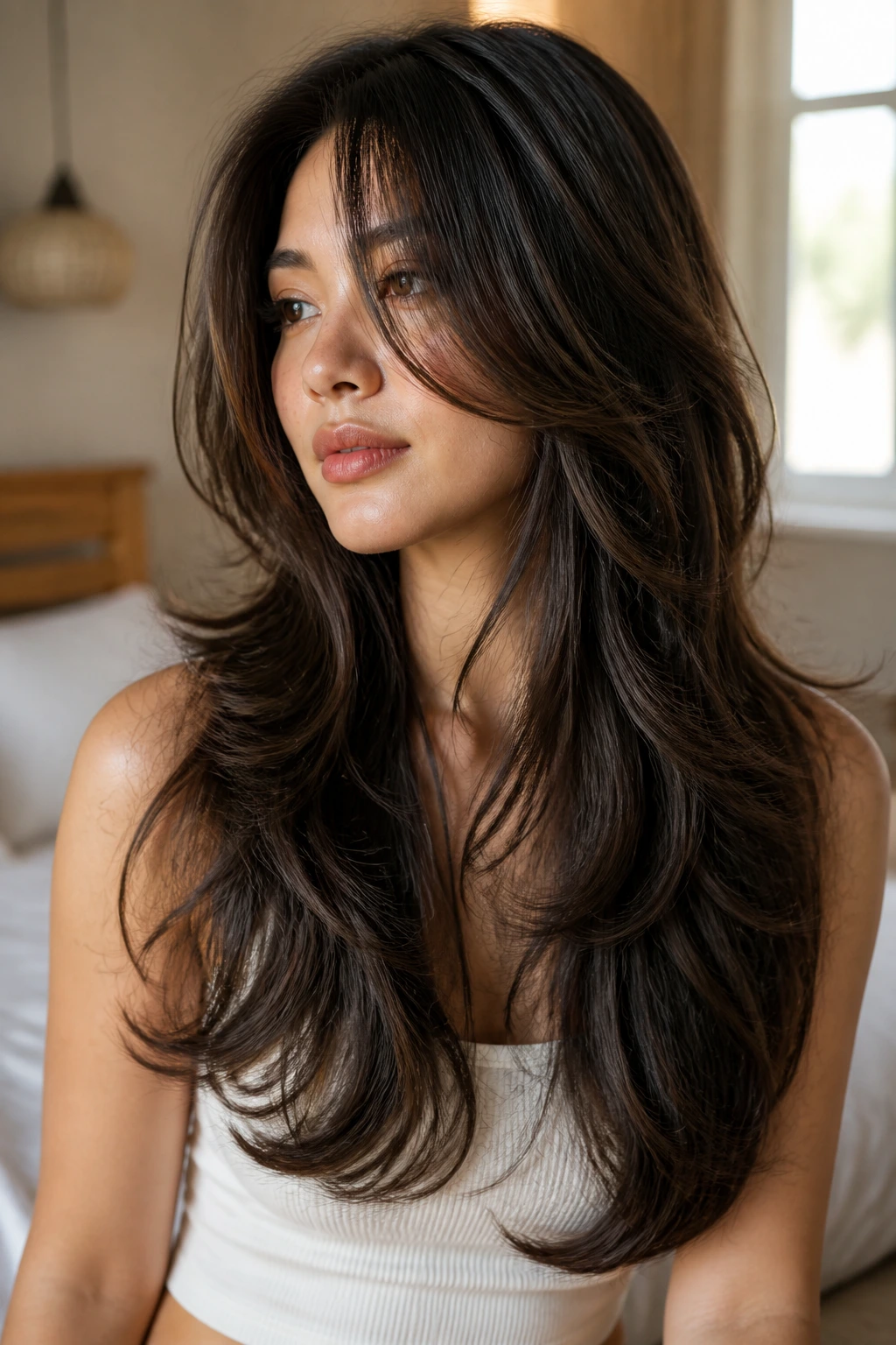 Close-up portrait of a real woman with waterfall layered hair and loose waves