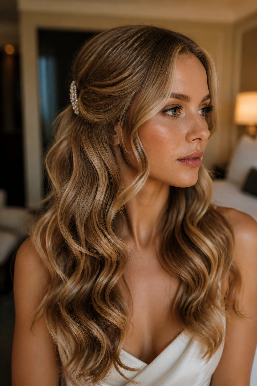Close-up of a woman with cascading waterfall waves and a jeweled clip