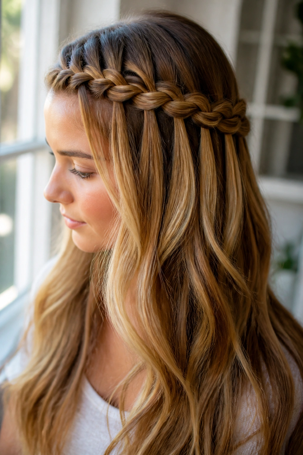 Close-up of a waterfall Dutch braid on long layered hair on a real person.