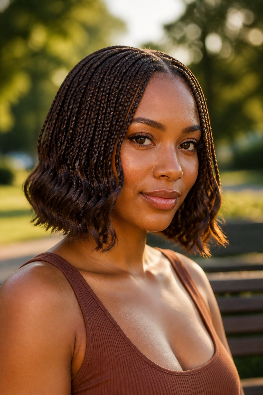 Close-up of a real woman with wavy-ended bob braids outdoors at golden hour.