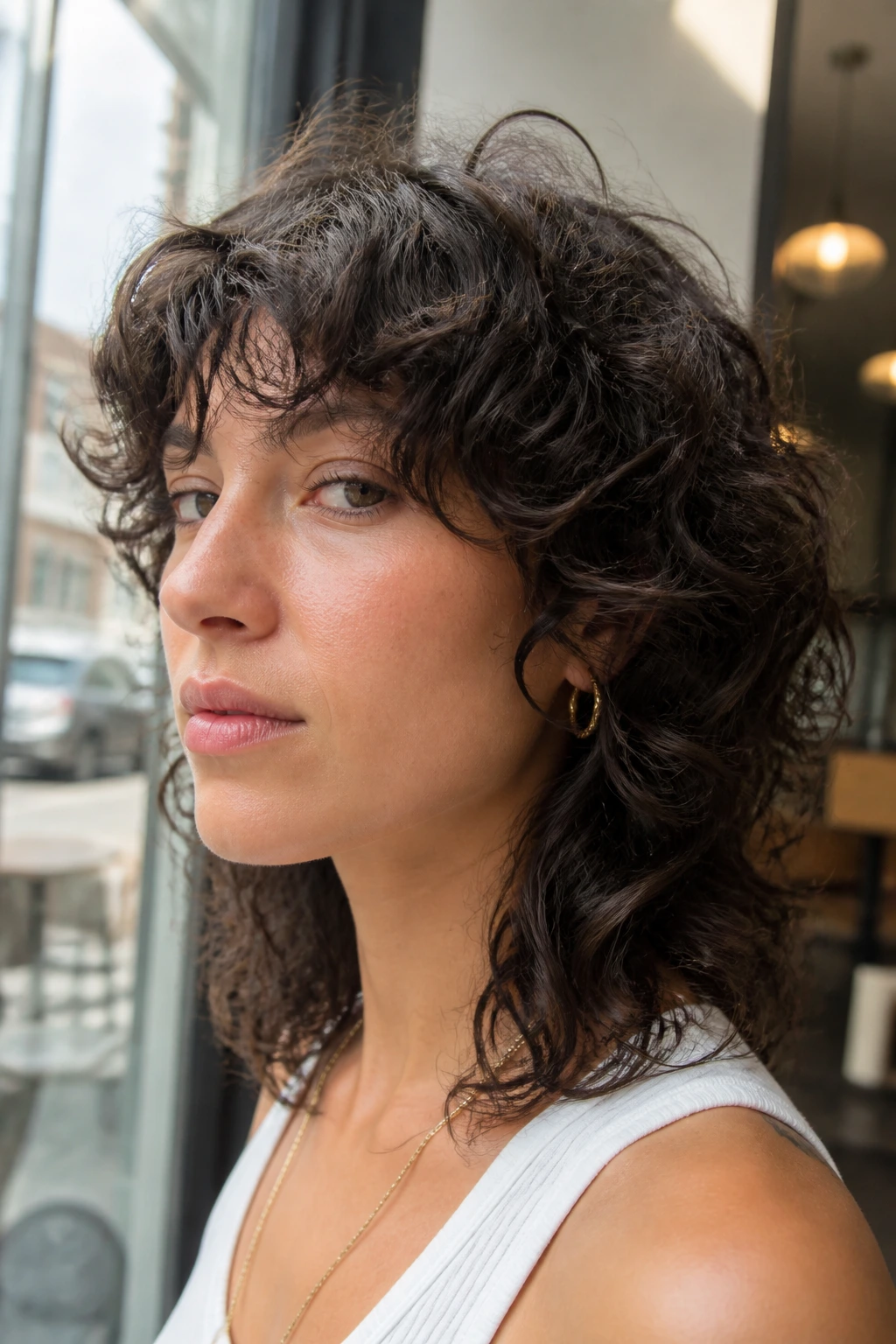 Portrait of a real person with waves and curls in a wolf cut showing mixed texture.