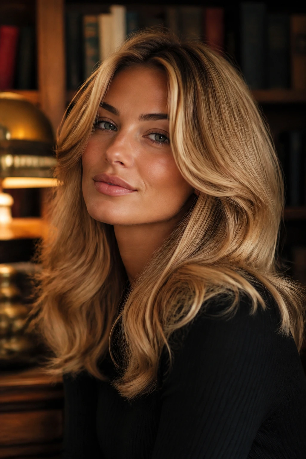 Close-up of a real woman with bouncy brushed-out honey blonde waves