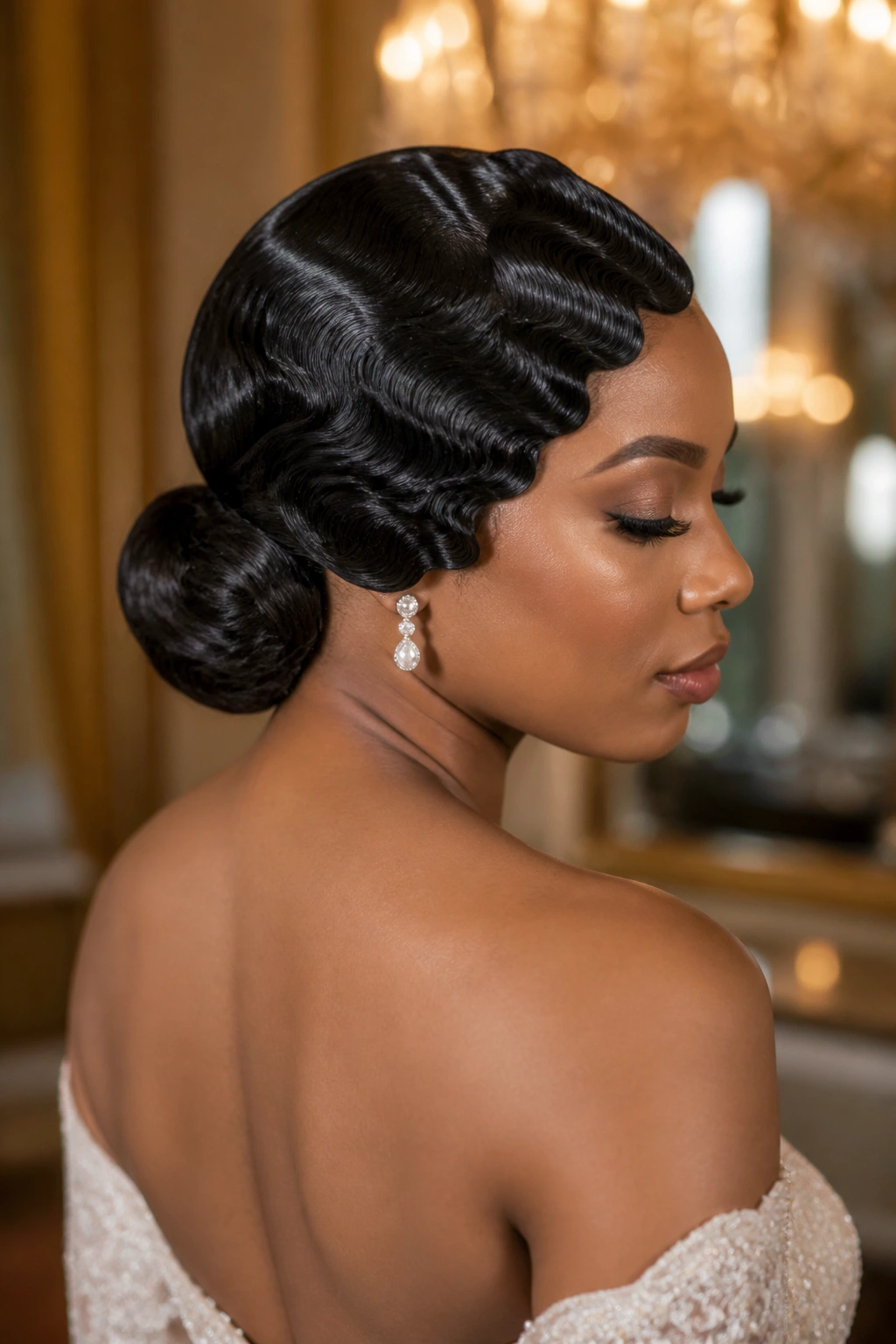 Portrait showing finger waves transitioning into a low chignon on a real woman