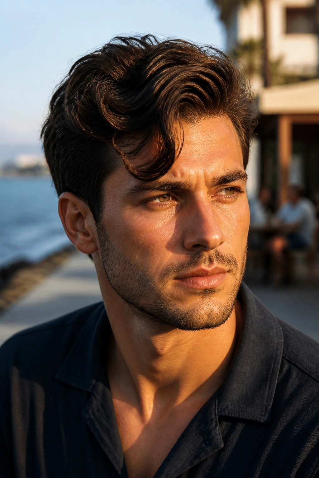 Man with wavy side-swept top hairstyle in a sunlit cafe setting