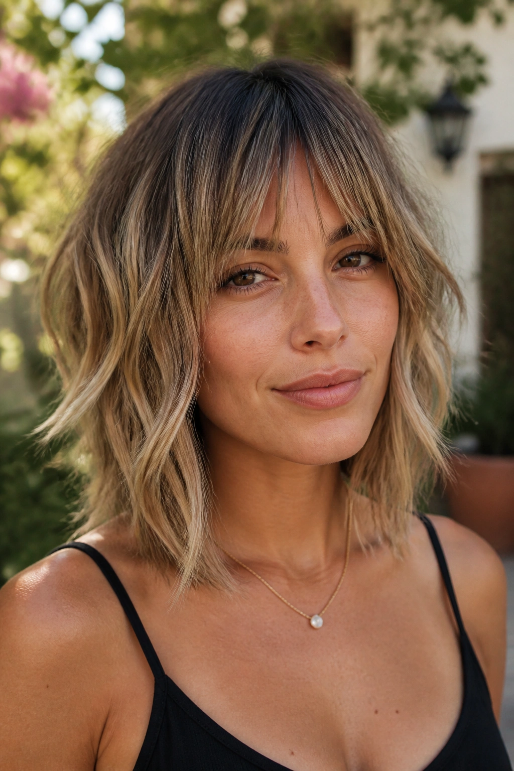 Close-up portrait of a real woman with a Wavy A-Line Lob and Feathered Bangs