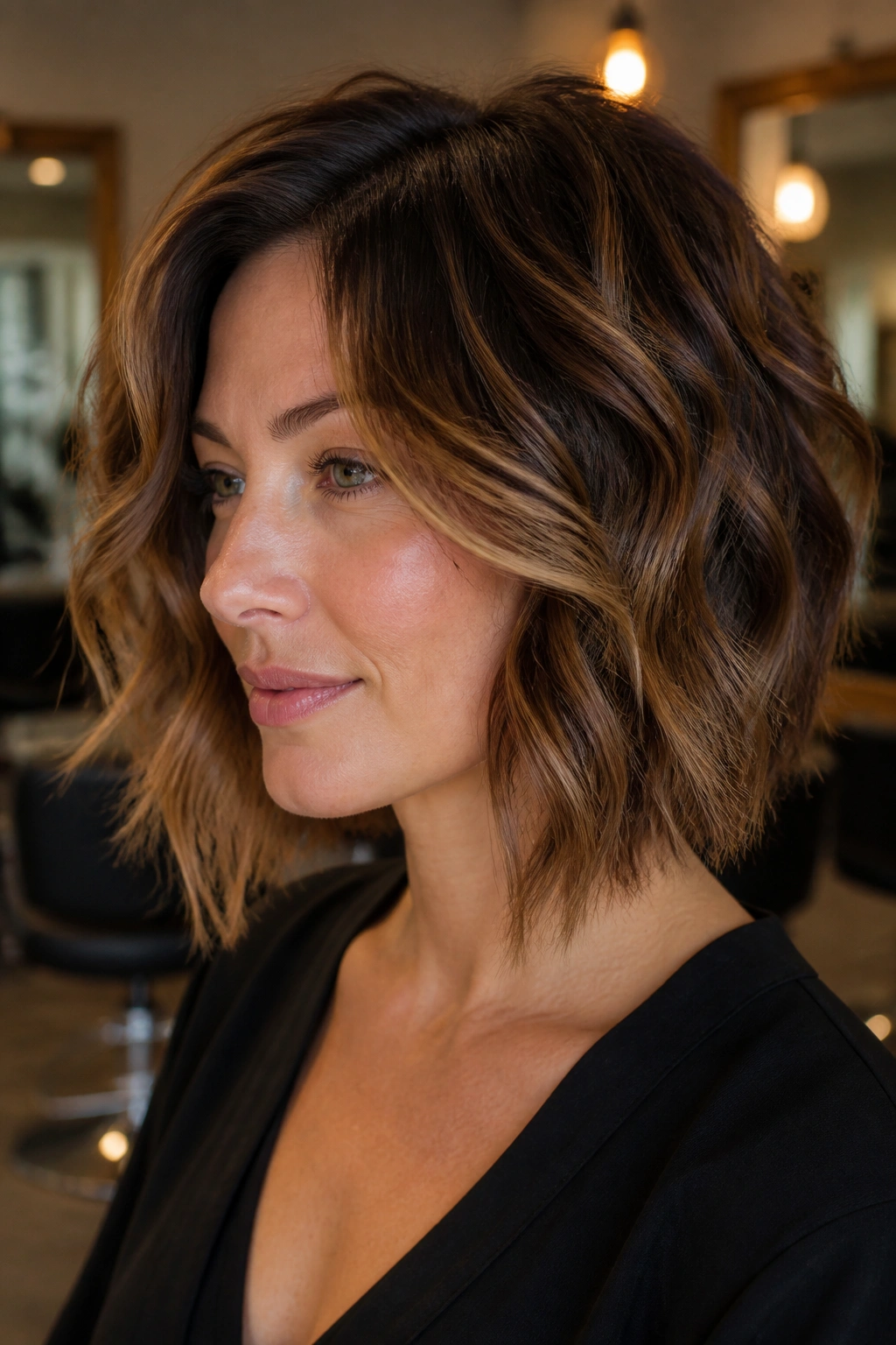 Close-up portrait of a real woman with a wavy angled bob and mid-length layers