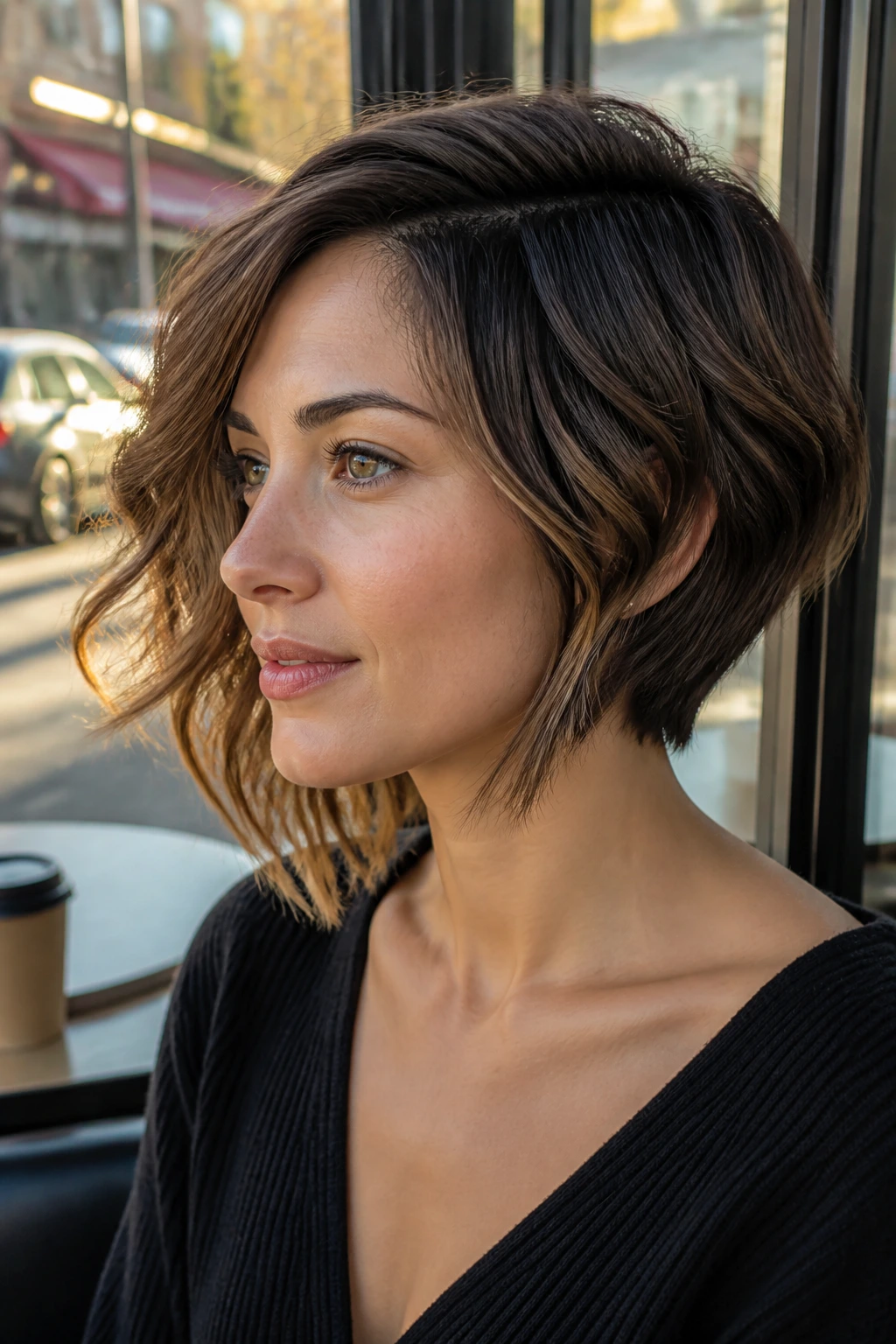 Close-up portrait of a real woman with a wavy angled bob showing movement and diagonal line.