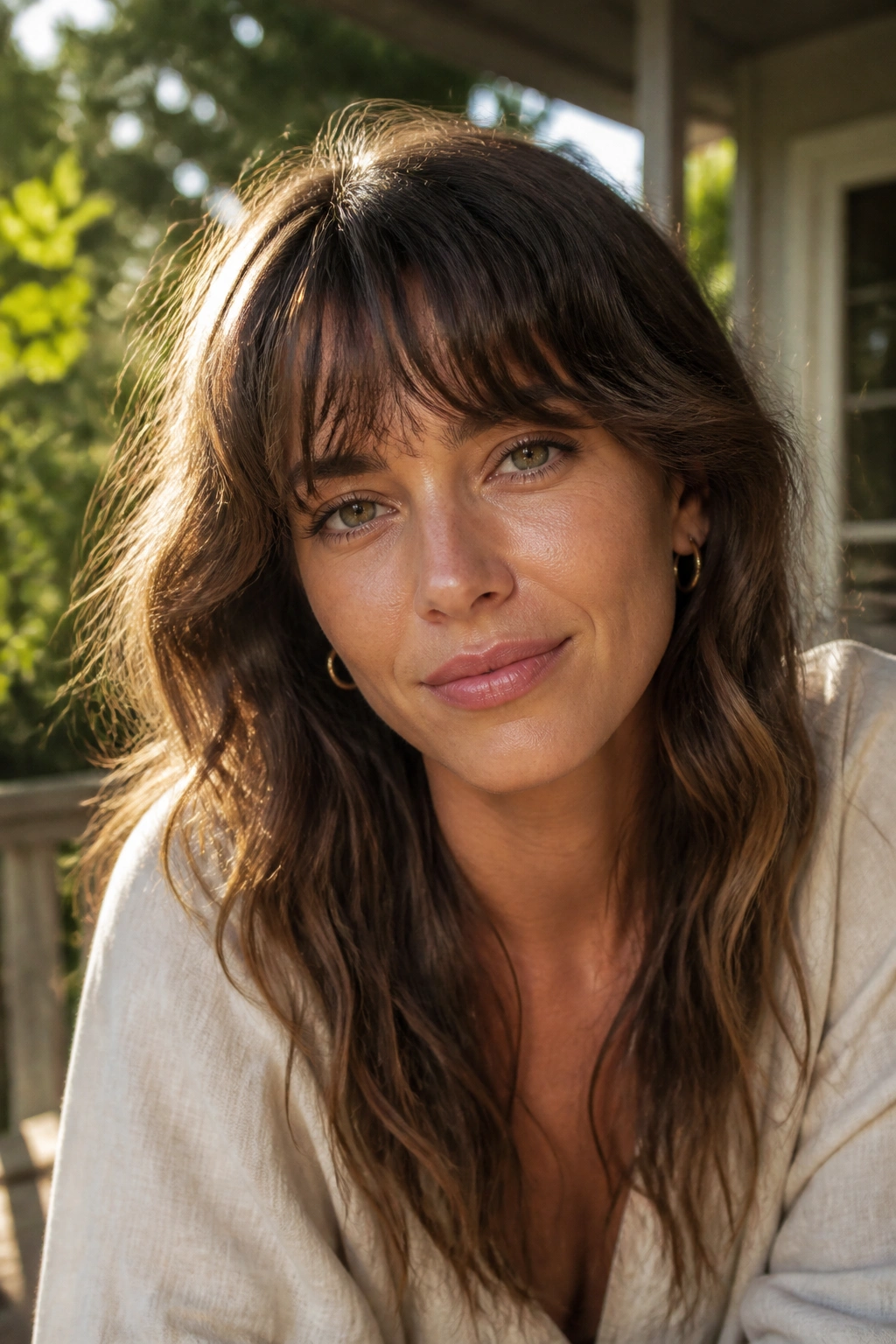 Close-up of a real woman with wavy bangs and point-cut ends in golden hour light