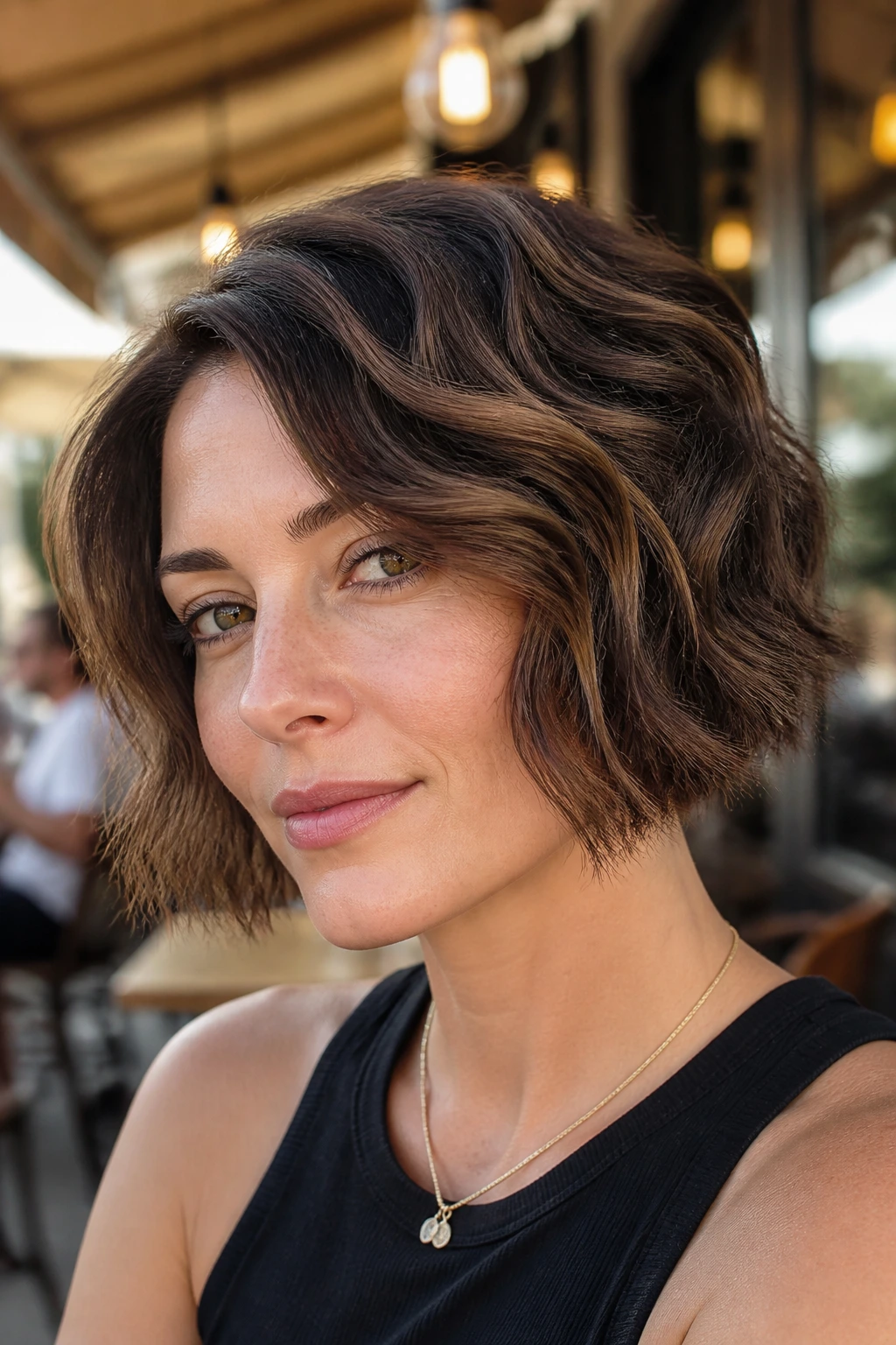 Portrait of a woman with a loose-wave bend pixie bob outdoors