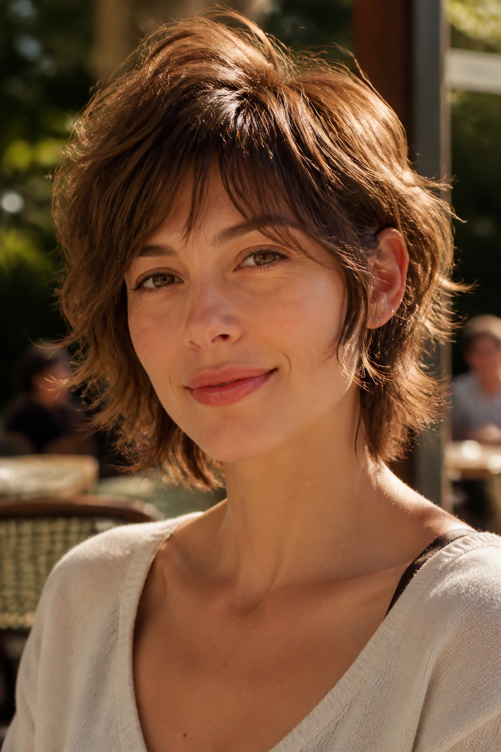 Close-up of a real woman with a wavy bixie wolf cut in an outdoor setting