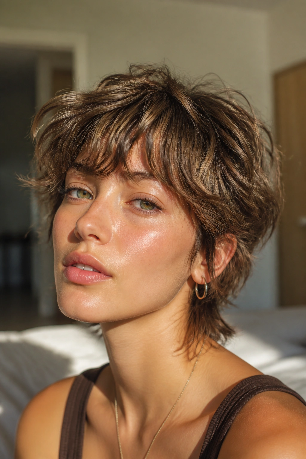 Close-up of a real person with Wavy Bixie Wolf Cut for Fine Hair in a sunlit room
