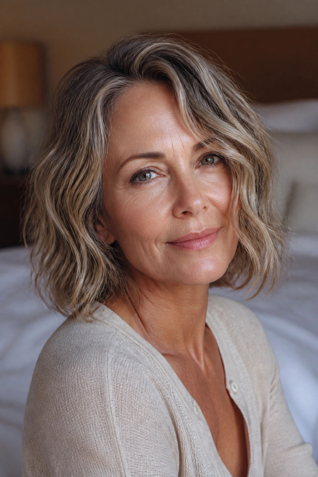Close-up portrait of a real woman with a wavy bob and air-dried texture