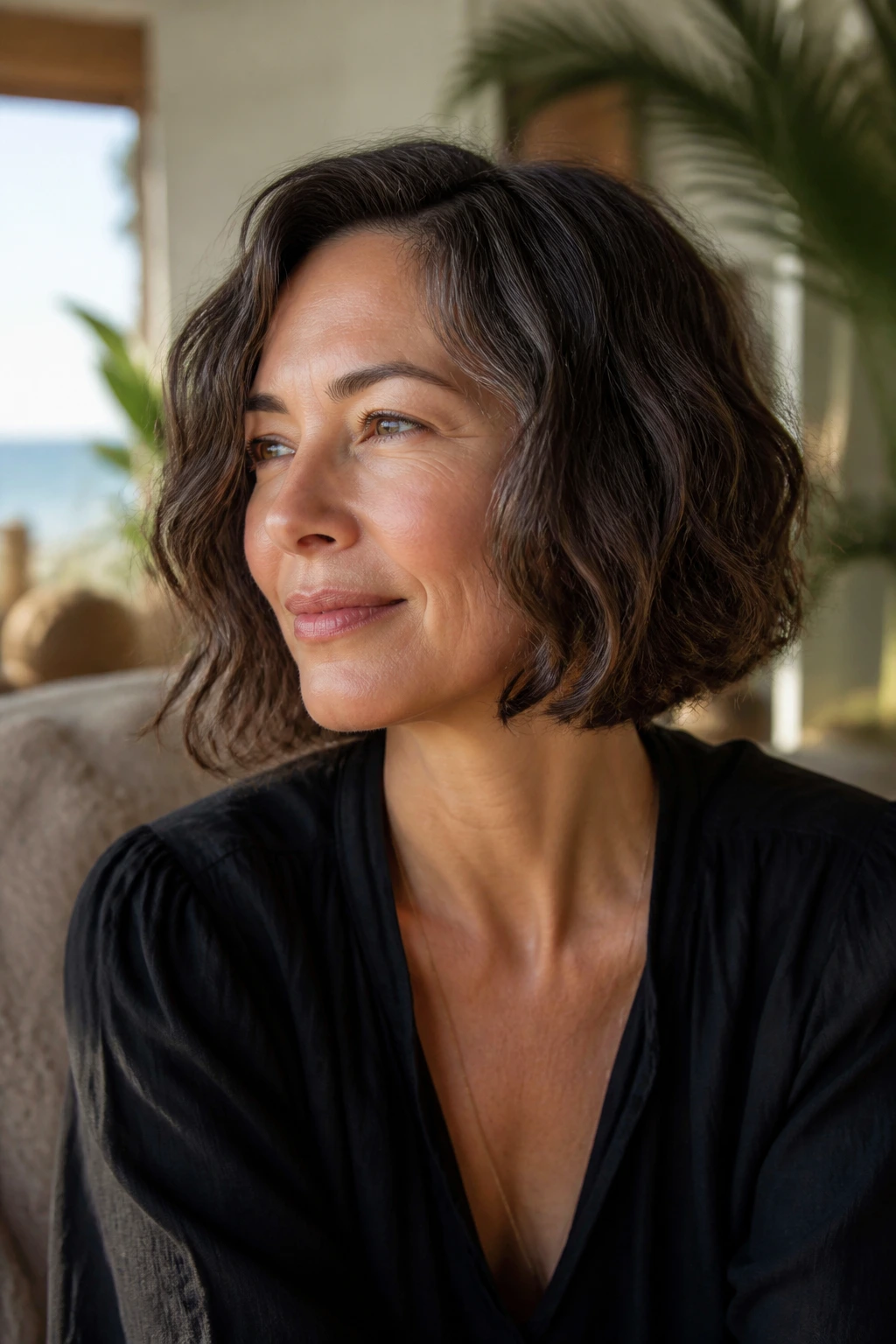 Real woman with a wavy bob showing air-dried texture in natural light.