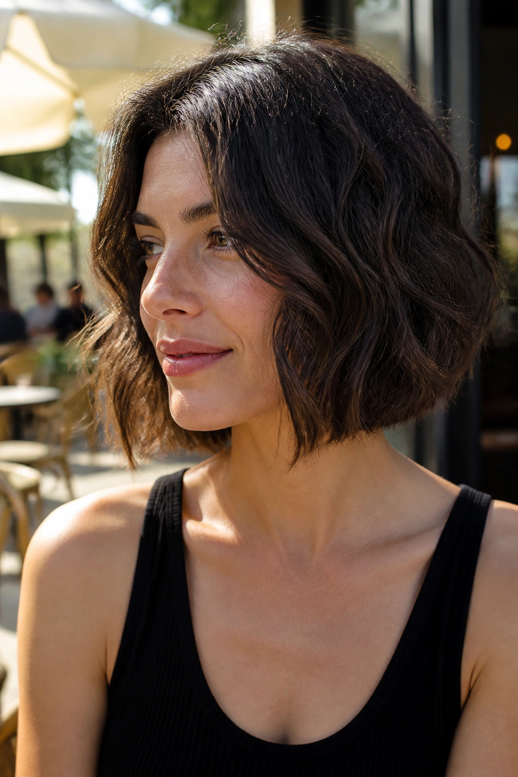 Portrait of a real woman with a jaw-length wavy bob air-dried for natural texture
