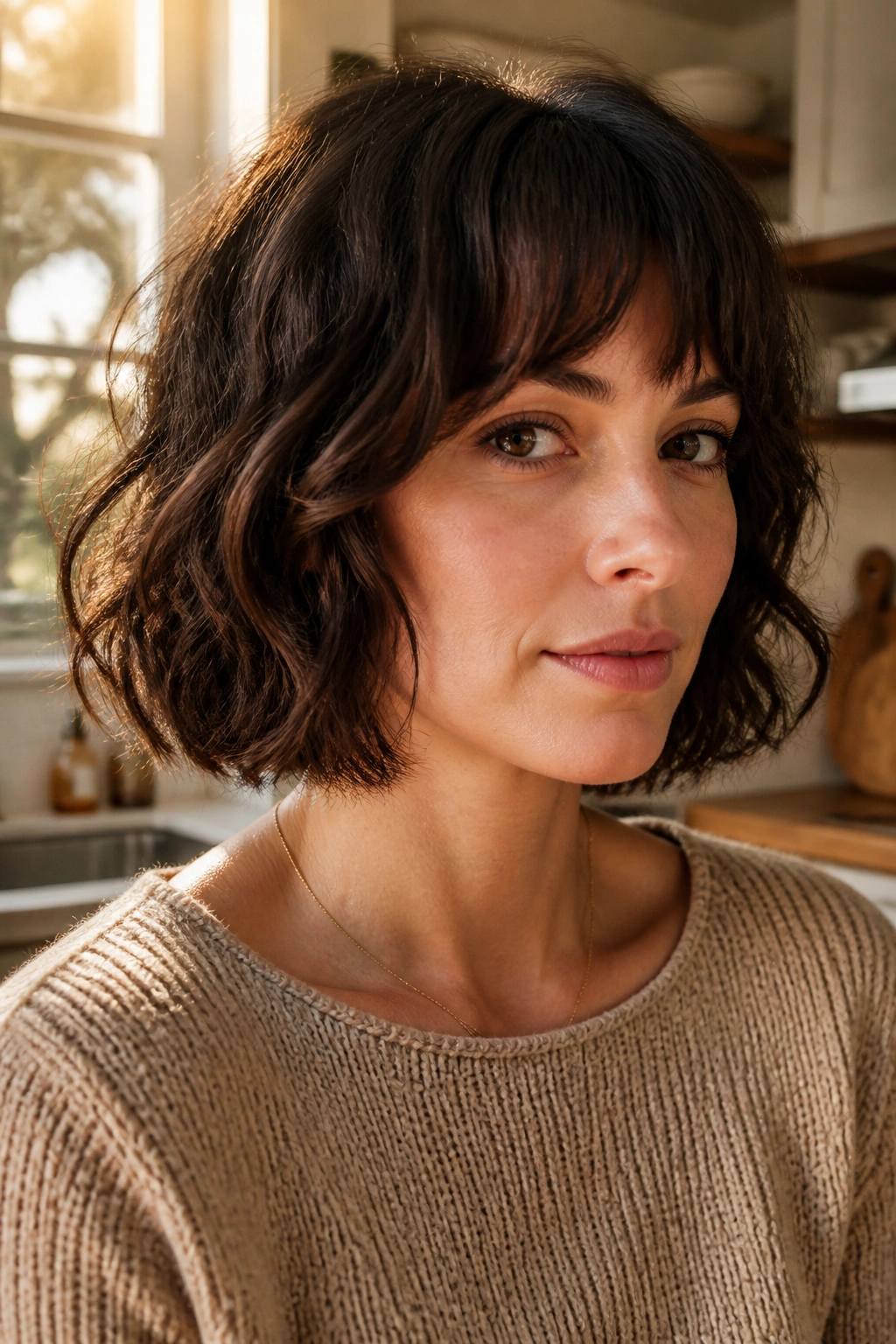 Close-up portrait of a real person with wavy short bob and bottleneck bangs in a sunny kitchen