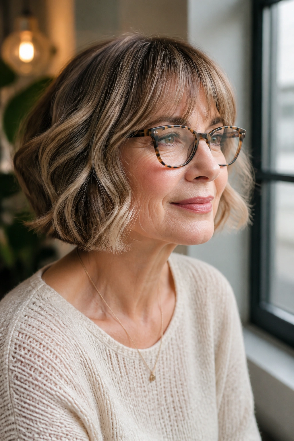 Woman with wavy chin-length bob and bottleneck bangs by a sunny window