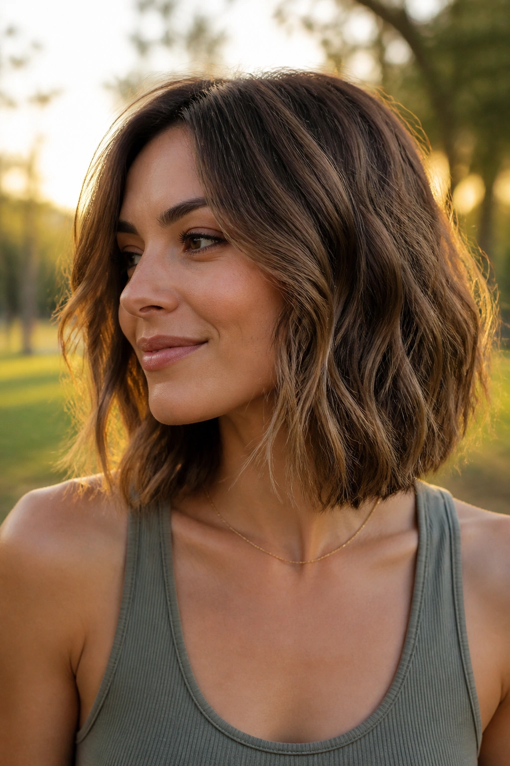 Close-up portrait of a real woman with a wavy bob and broken-up ends