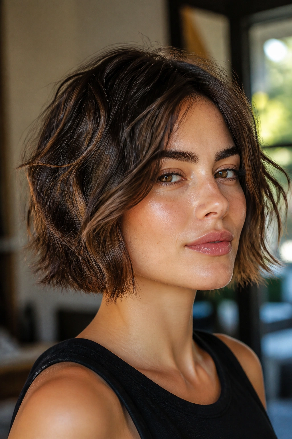 Close-up of a real woman with a wavy bob and broken-up ends.