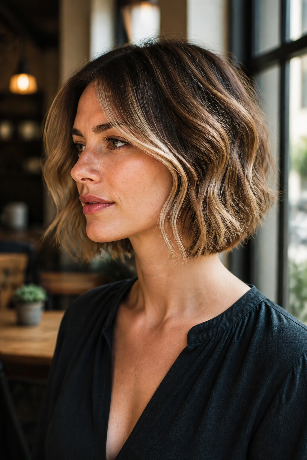 Real woman with a wavy bob starting at the cheekbones lifting the face