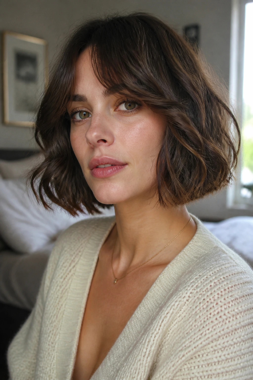 Close-up portrait of a real person with a wavy chin-length bob and curtain bangs in natural bedroom light