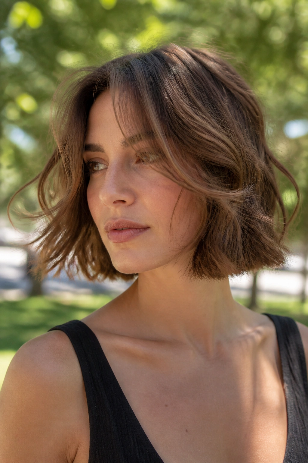 Close-up of a real woman with wavy French bob and long loose curtain bangs in sunlight