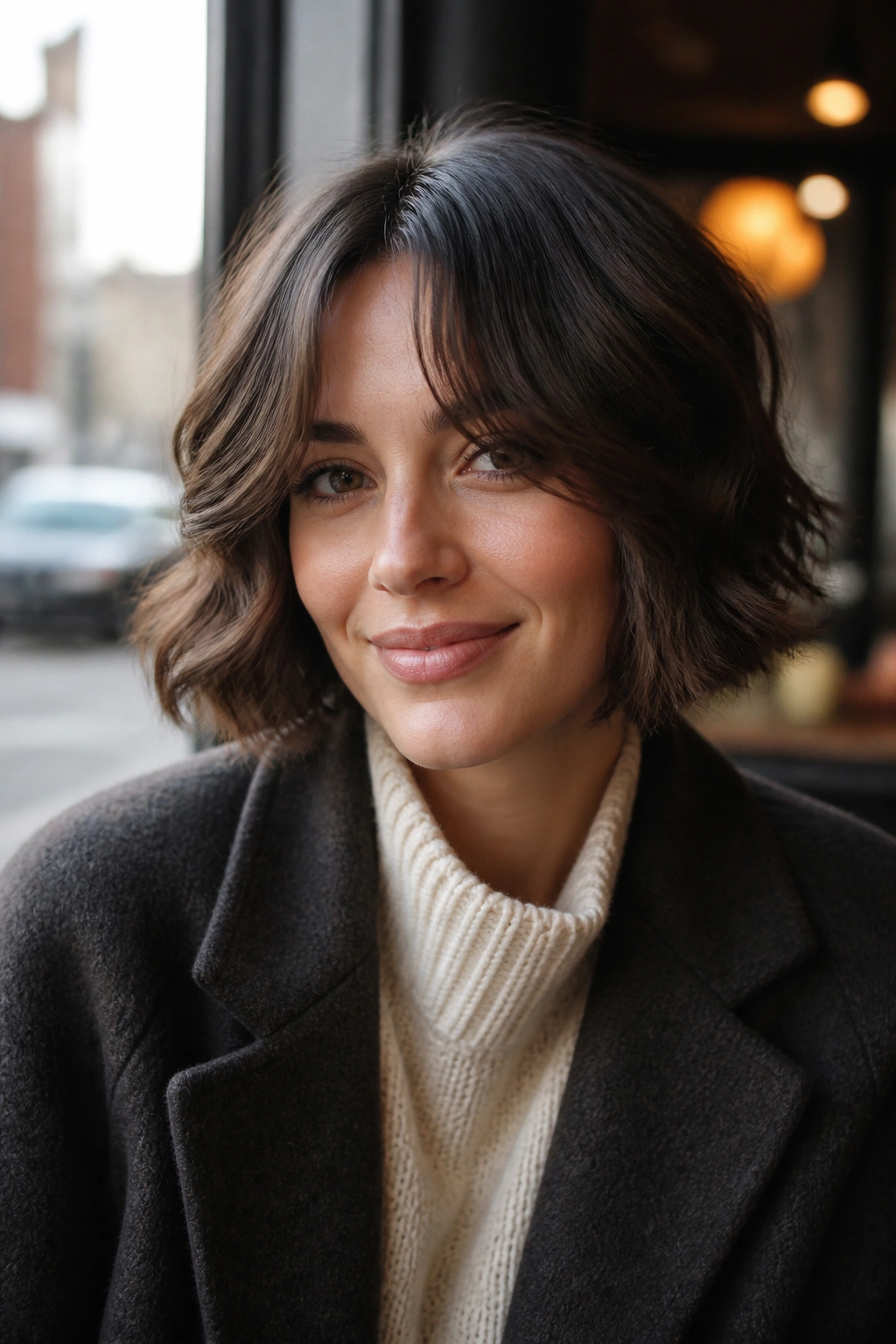 Close-up of a real woman with a wavy bob and curtain fringe