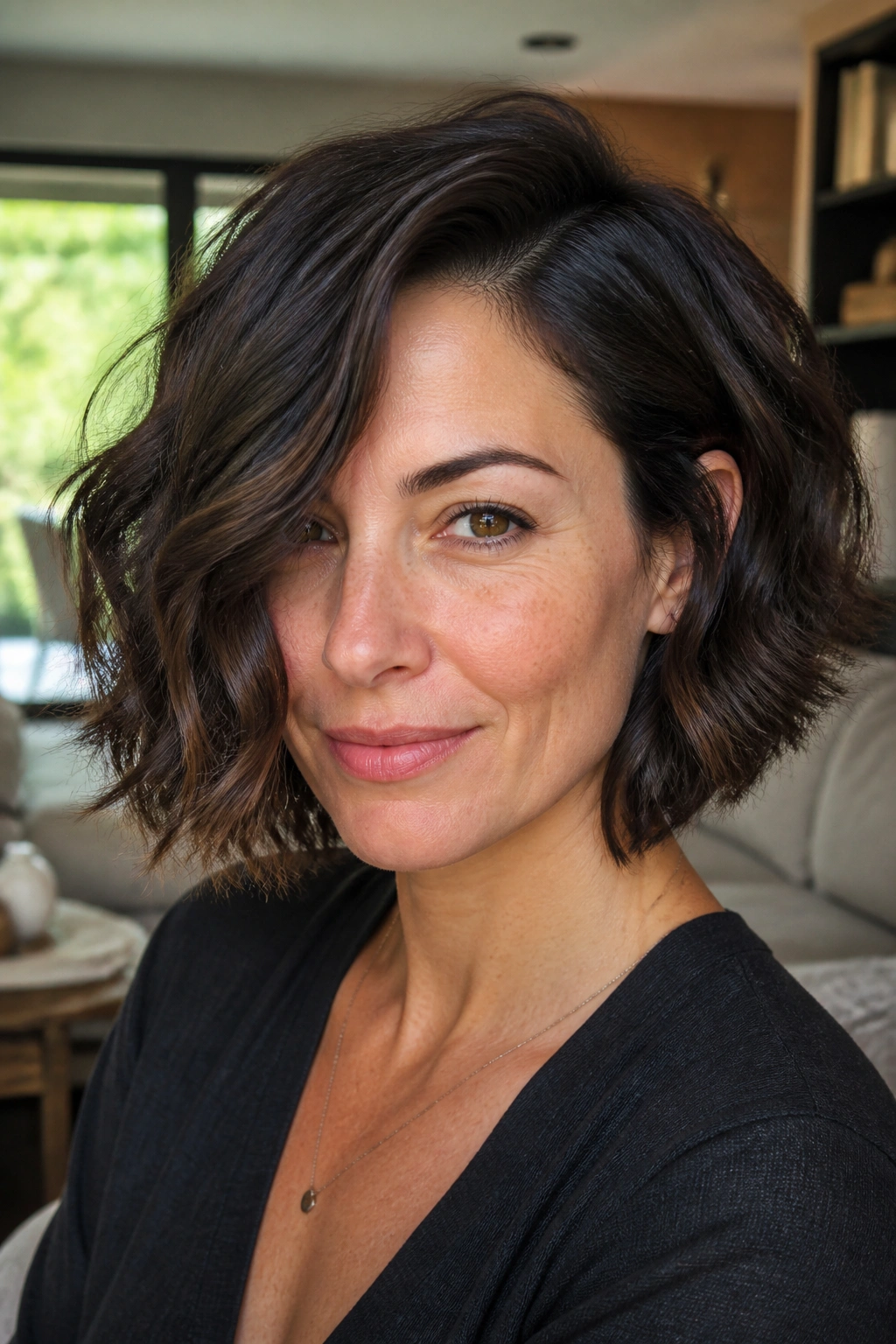Medium close-up of a real woman with a wavy bob and deep side part