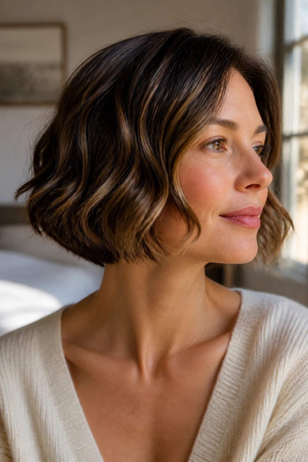 Close-up portrait of a real woman with a jaw-length wavy bob drying with bend
