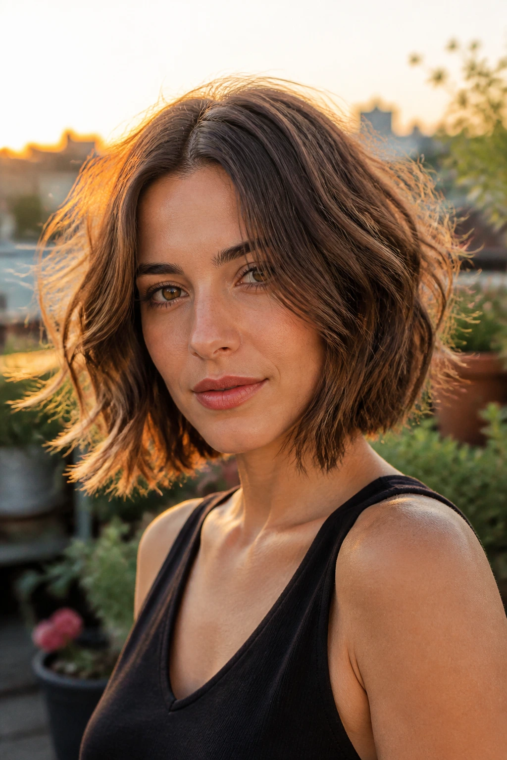 Portrait of a woman with a wavy bob and internal layers in golden hour light