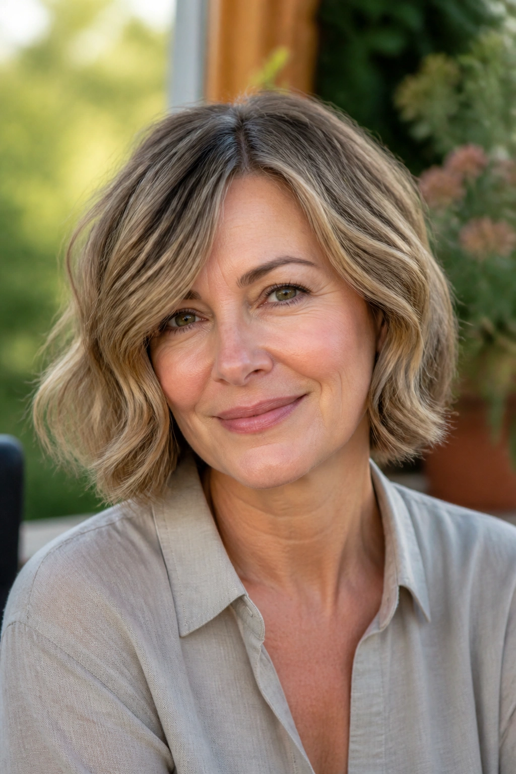 Portrait of a woman with a wavy bob and invisible layers in warm light