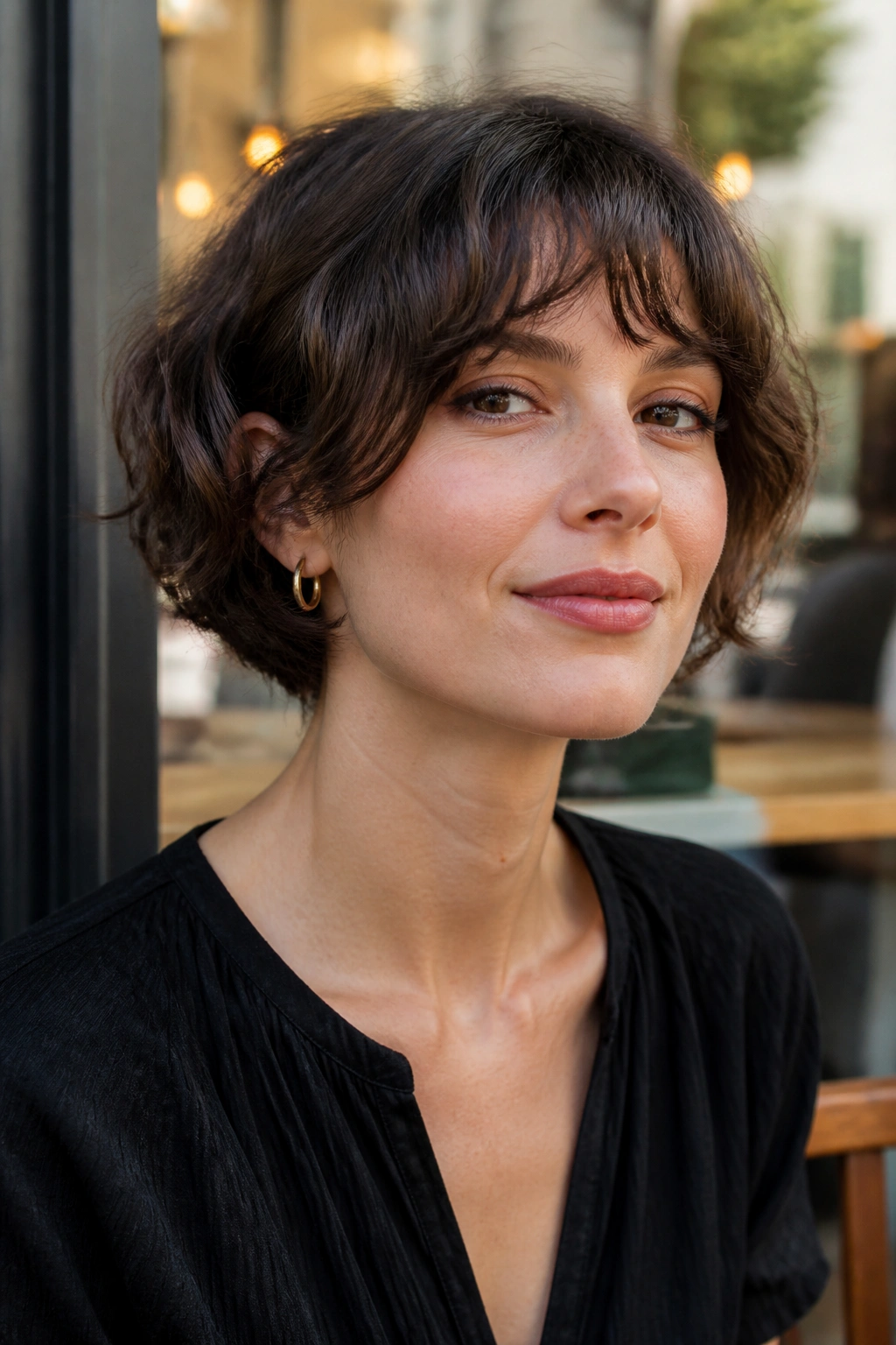 Real woman with a wavy ear-length bob and invisible layers.