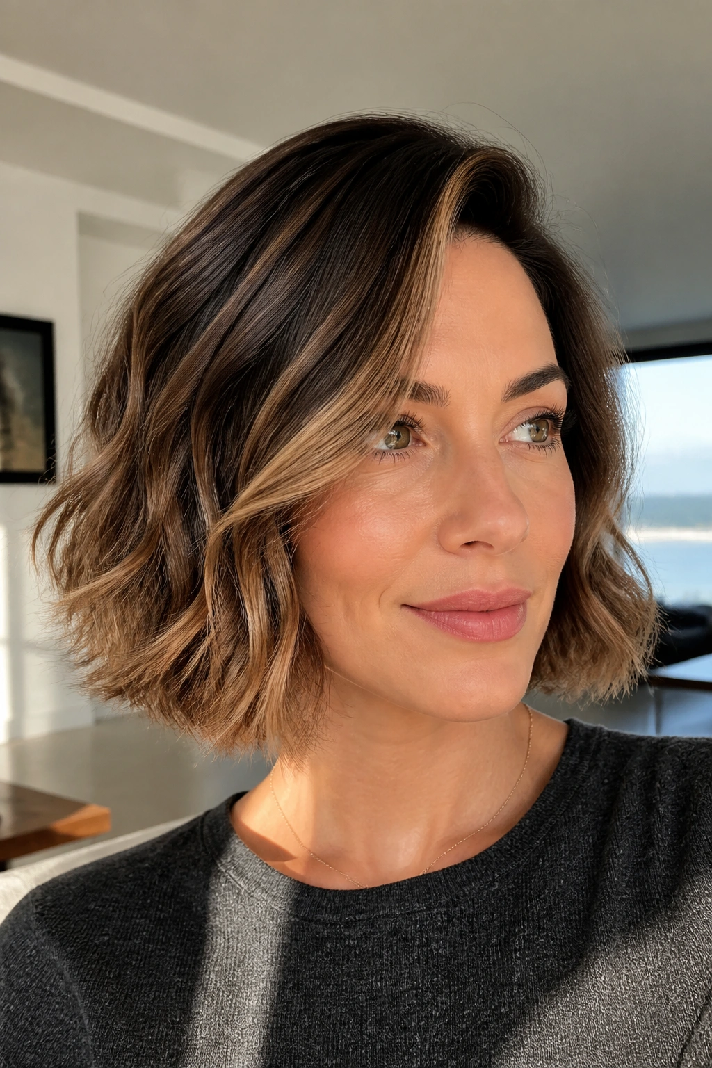 Portrait of a real woman with wavy side-parted bob showing invisible layers for natural movement