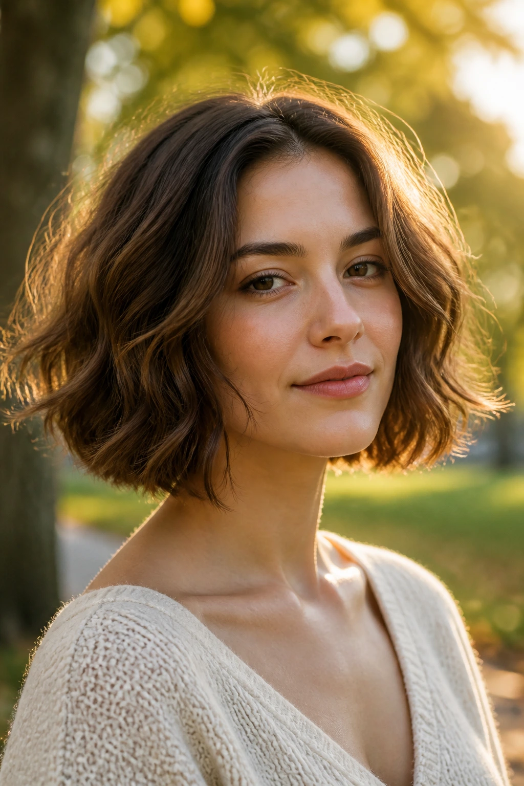 Portrait of a real woman with a wavy bob and loose movement in golden hour light