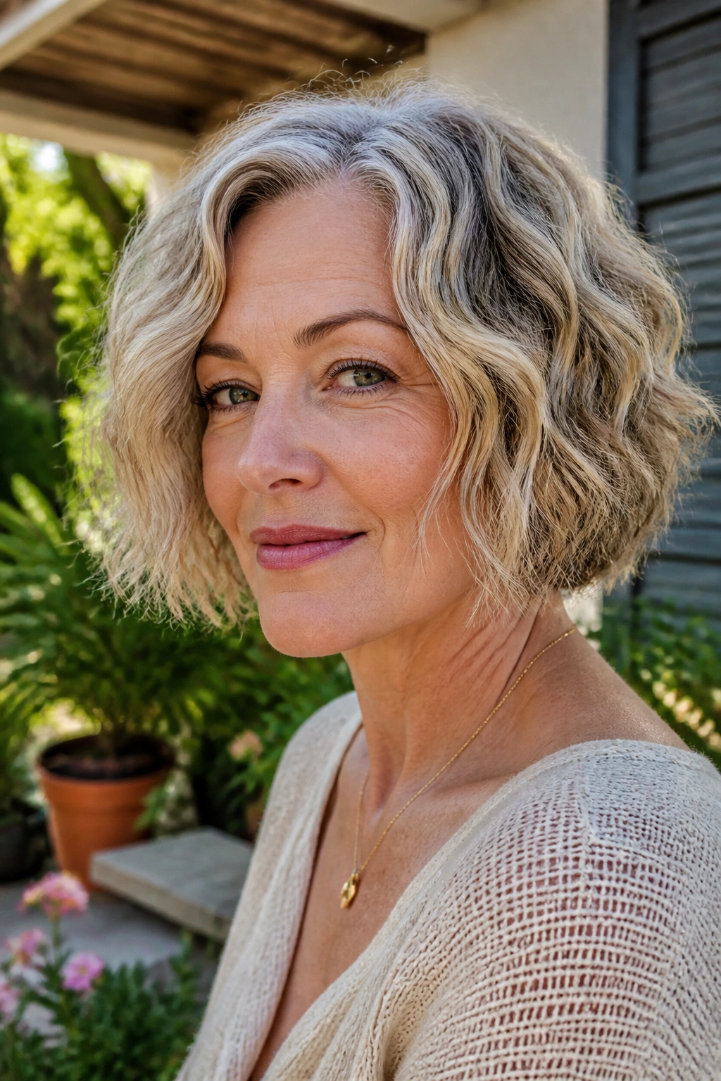 Portrait of a woman with a natural wavy bob showing texture in soft outdoor light