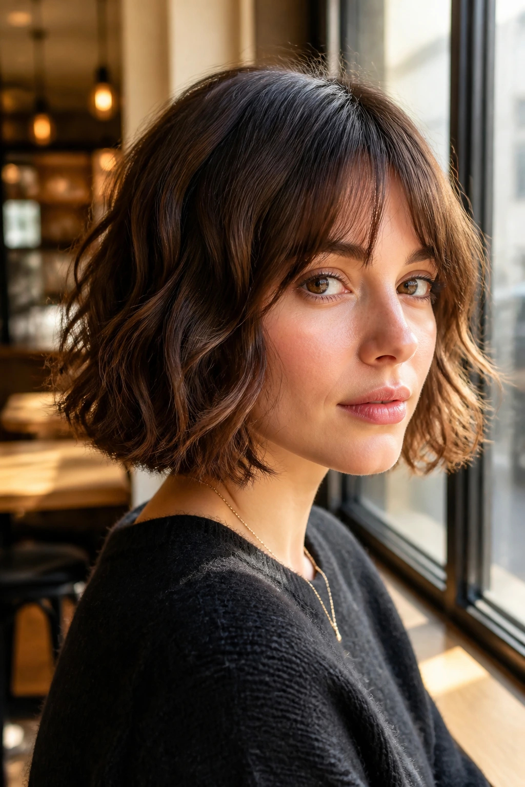 Close-up of a real woman's wavy Parisian bob with a soft bend