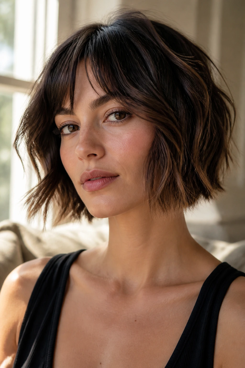Close-up of a real woman with a wavy bob and piecey ends framing the jaw